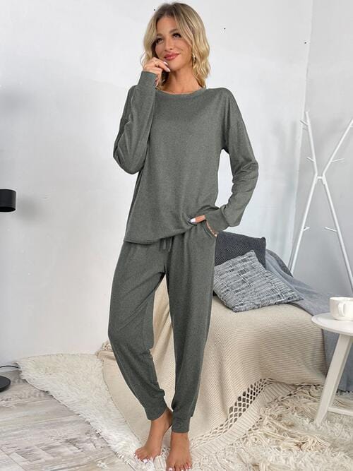 Light Gray Round Neck Top and Drawstring Pants Lounge Set