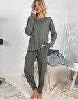 Light Gray Round Neck Top and Drawstring Pants Lounge Set