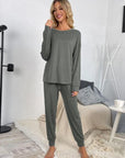 Gray Round Neck Top and Drawstring Pants Lounge Set