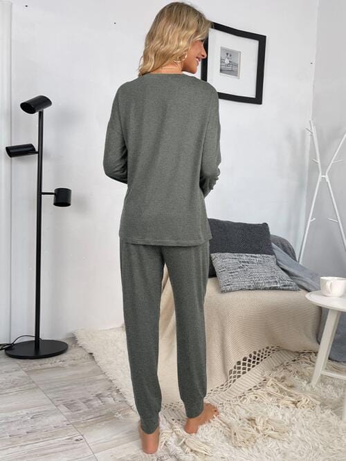 Gray Round Neck Top and Drawstring Pants Lounge Set