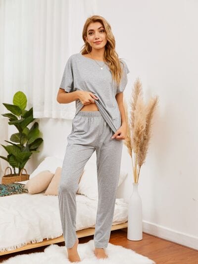 Light Gray Round Neck Top and Pants Lounge Set