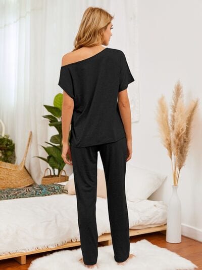 Black Round Neck Top and Pants Lounge Set