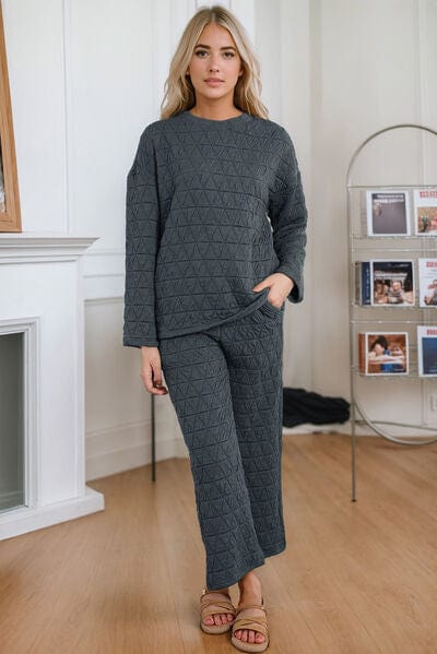 Dark Gray Round Neck Top and Pocketed  Pants Lounge Set