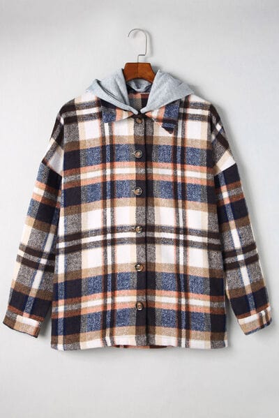 Light Gray Button Up Plaid Hooded Jacket