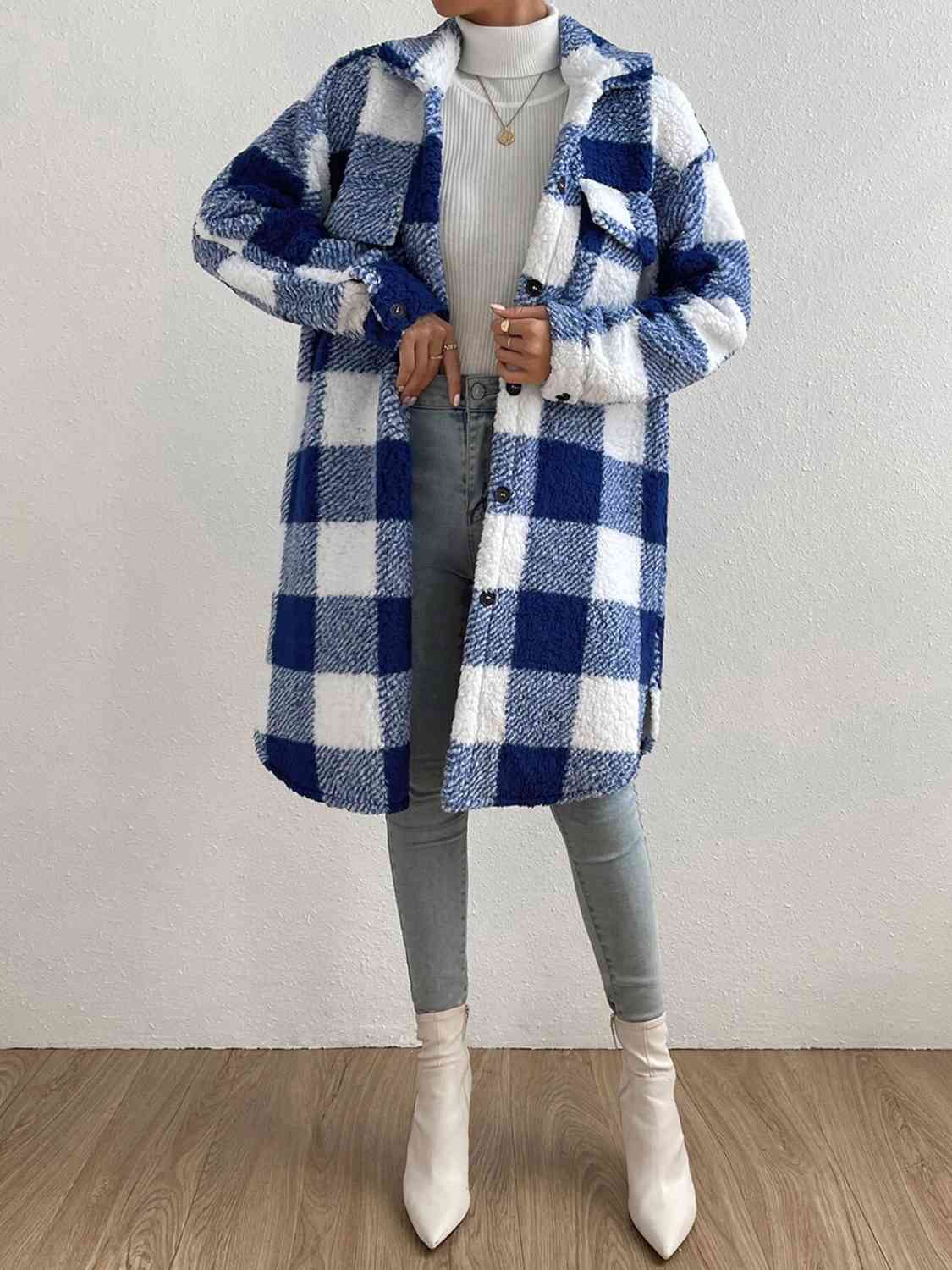 Gray Plaid Collared Neck Button Down Coat