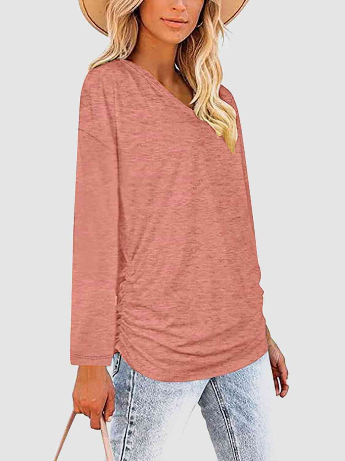 Light Gray Ruched V-Neck Long Sleeve T-Shirt