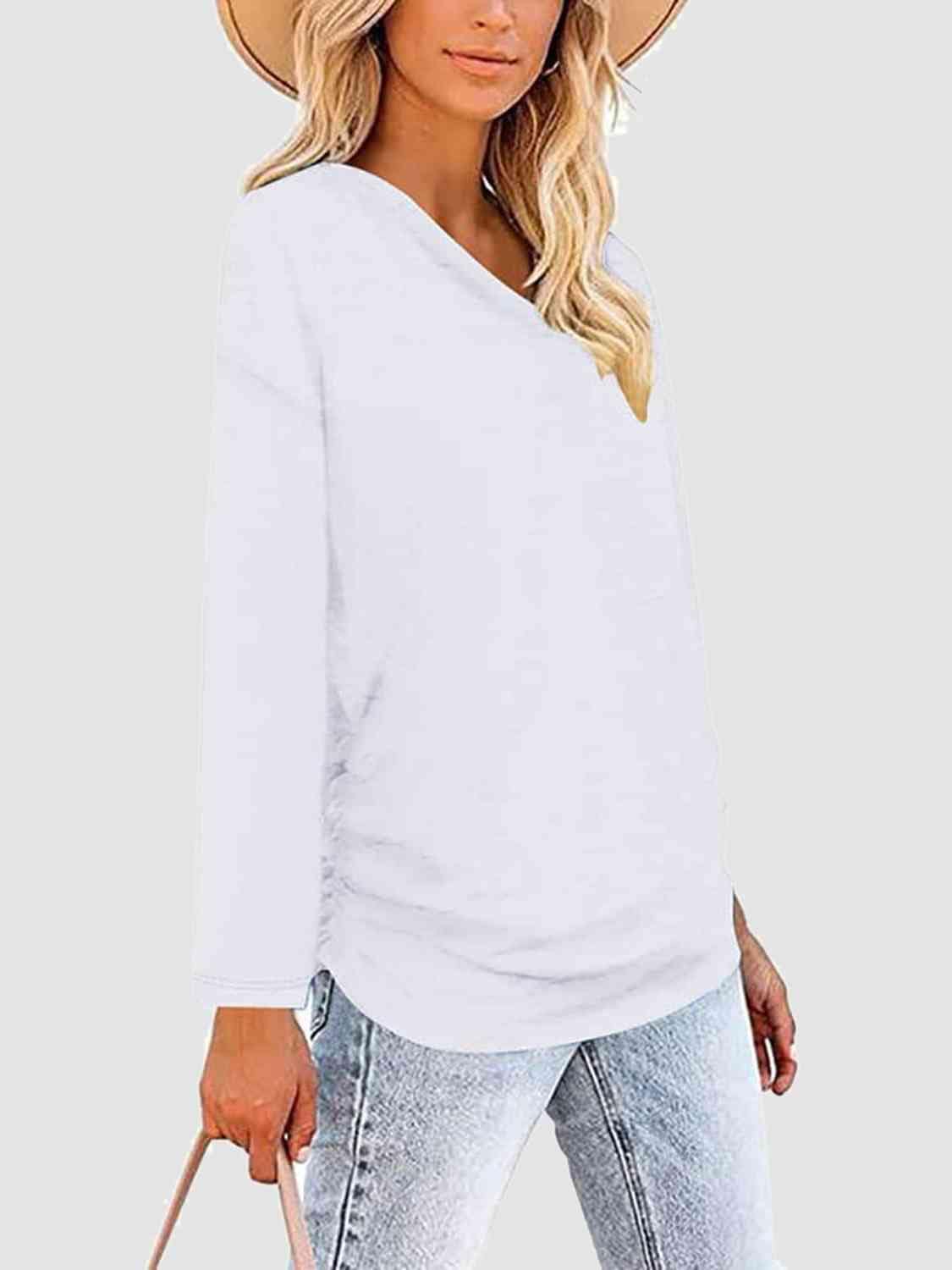 Lavender Ruched V-Neck Long Sleeve T-Shirt