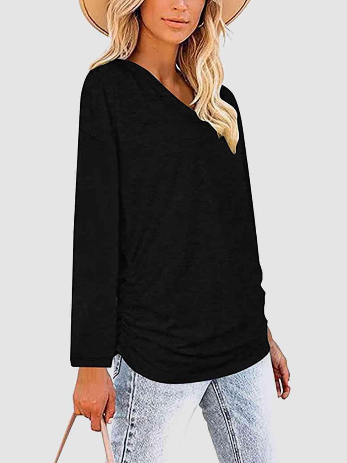 Light Gray Ruched V-Neck Long Sleeve T-Shirt