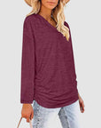 Saddle Brown Ruched V-Neck Long Sleeve T-Shirt