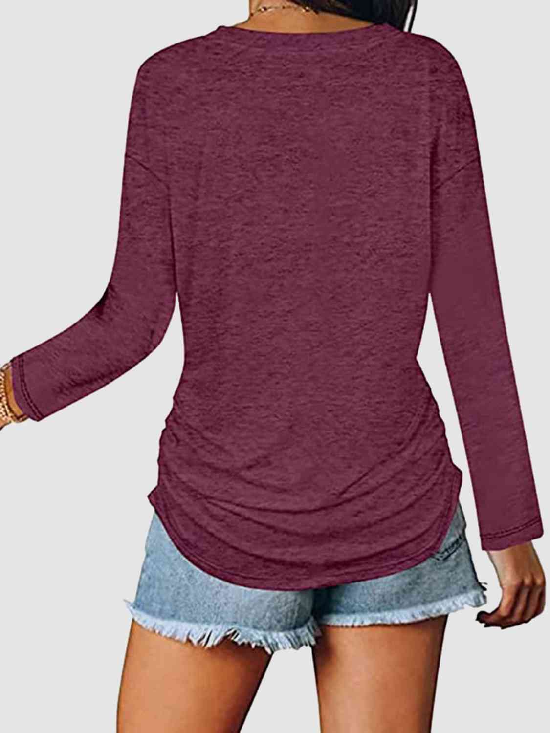 Light Gray Ruched V-Neck Long Sleeve T-Shirt