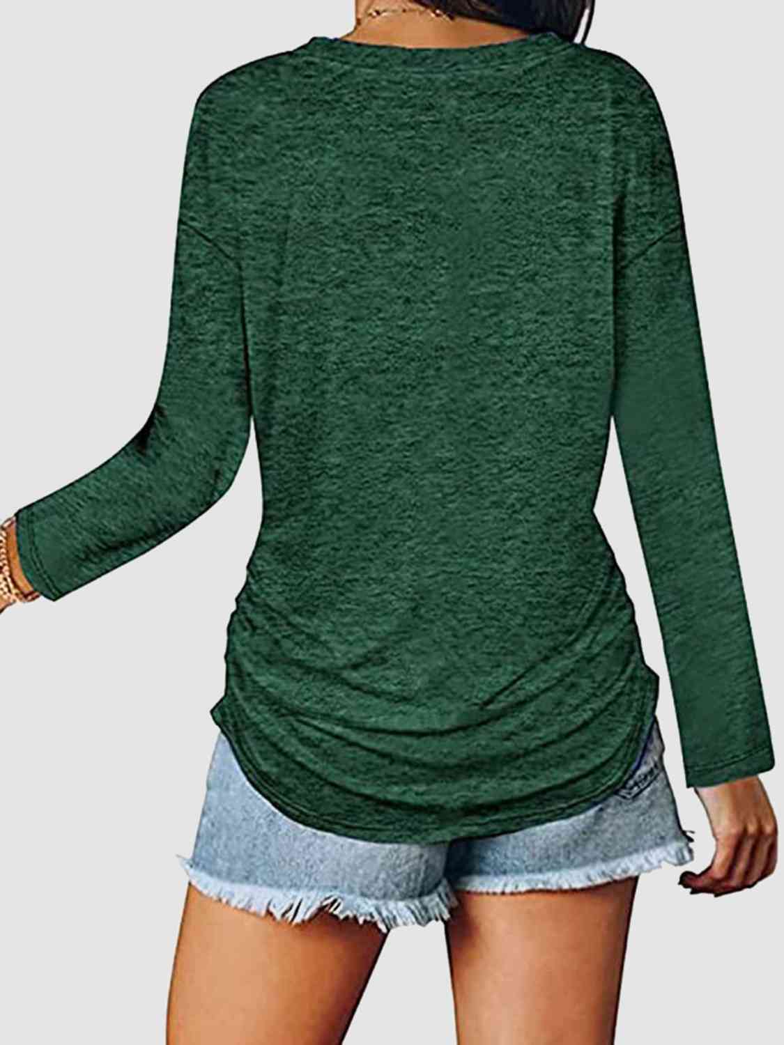 Dark Slate Gray Ruched V-Neck Long Sleeve T-Shirt