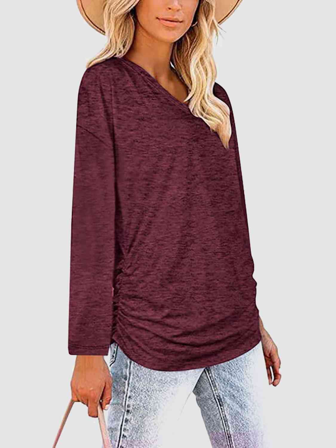 Light Gray Ruched V-Neck Long Sleeve T-Shirt