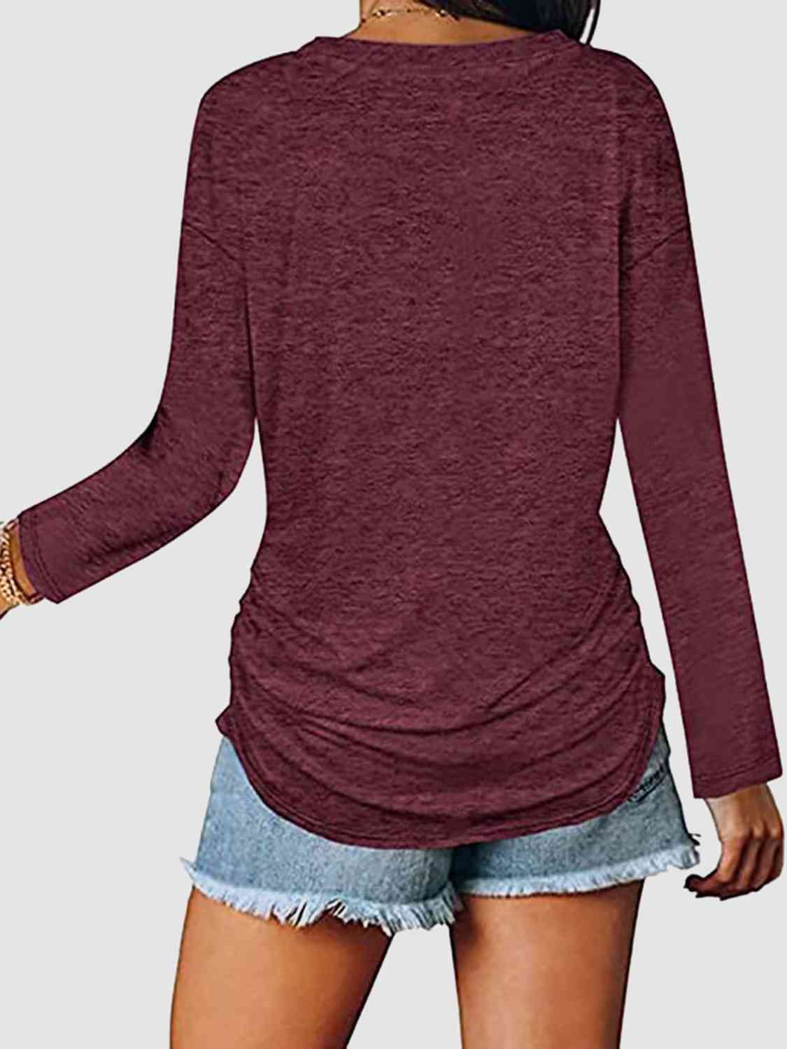 Light Gray Ruched V-Neck Long Sleeve T-Shirt