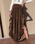 Rosy Brown Ruffle Trim Wide Leg Slit Pants