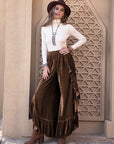 Rosy Brown Ruffle Trim Wide Leg Slit Pants