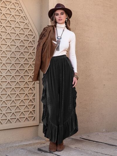 Rosy Brown Ruffle Trim Wide Leg Slit Pants