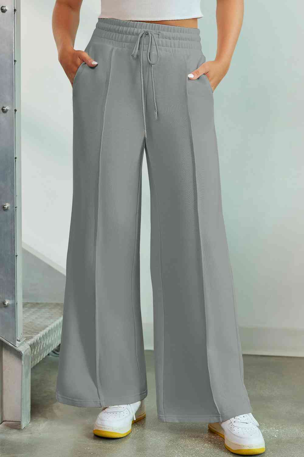 Light Slate Gray Drawstring Wide Leg Pants with Pockets