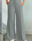 Light Slate Gray Drawstring Wide Leg Pants with Pockets