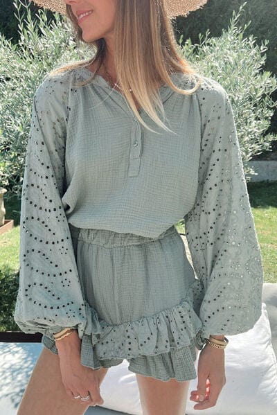 Light Slate Gray Eyelet Half Button Top and Shorts Set