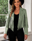 Dark Slate Gray Fringe Trim Lapel Collar Cropped Blazer