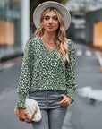 Dim Gray Printed V-Neck Lantern Sleeve Blouse