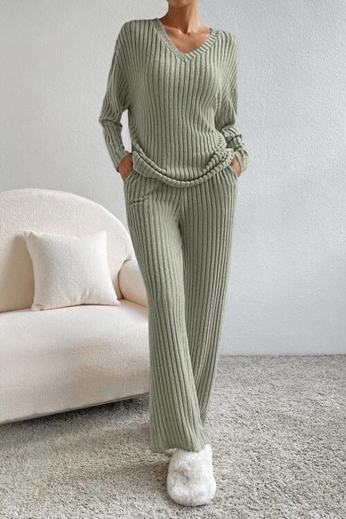 Gray Ribbed V-Neck Top and Pants Set