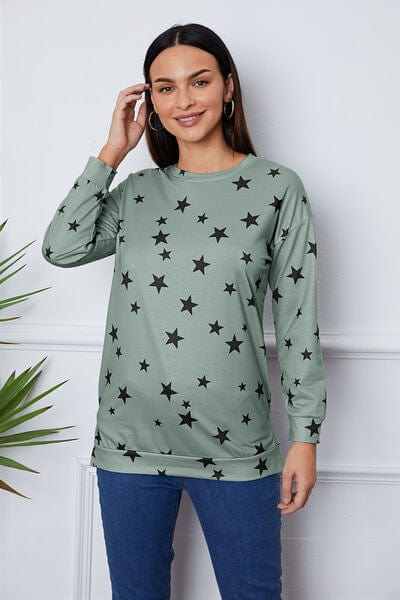 Light Gray Star Print Round Neck Dropped Shoulder Sweatshirt