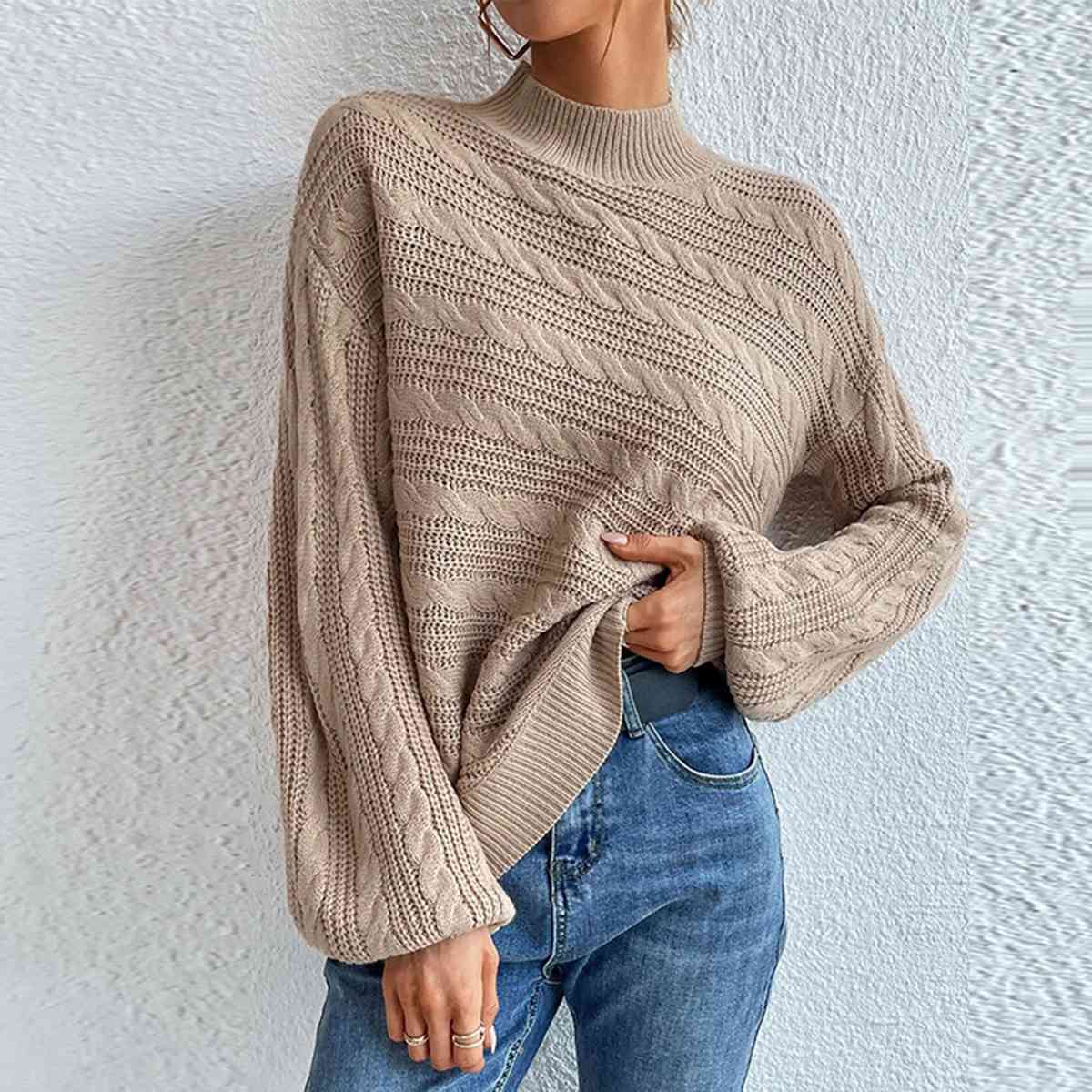 Gray Cable-Knit Mock Neck  Long Sleeve Sweater