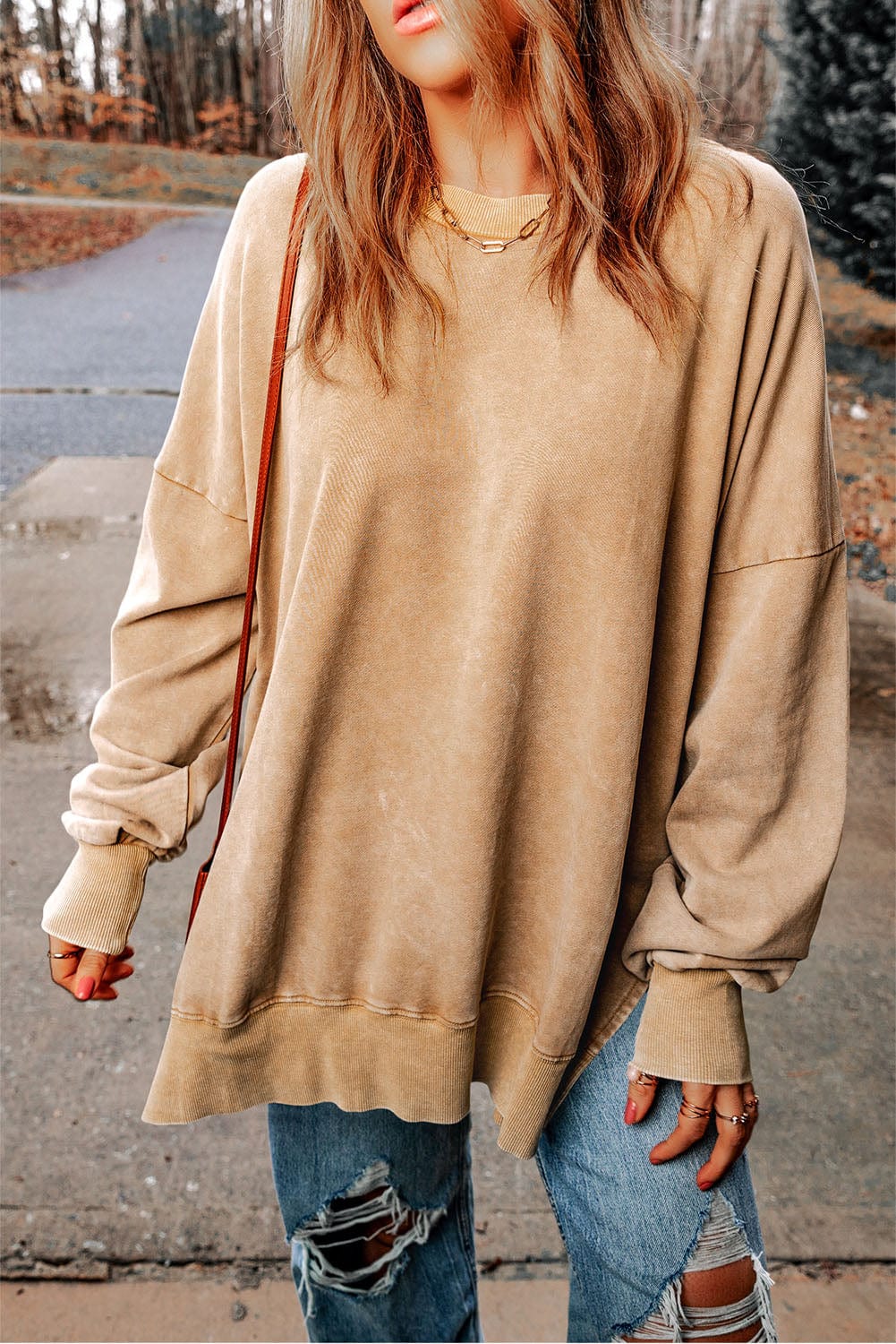 Rosy Brown Dropped Shoulder Round Neck Long Sleeve Blouse