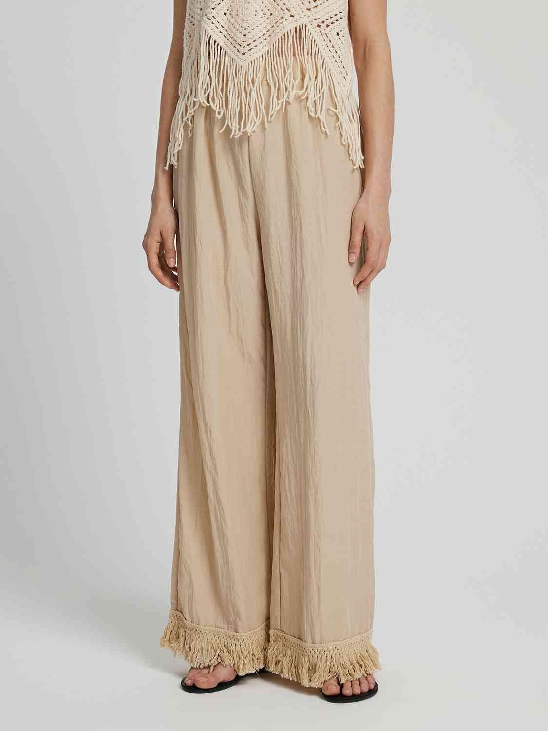 Gray Fringe Hem Wide Leg Long Pants