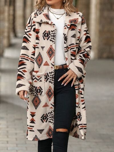 Rosy Brown Geometric Pocketed Dropped Shoulder Coat