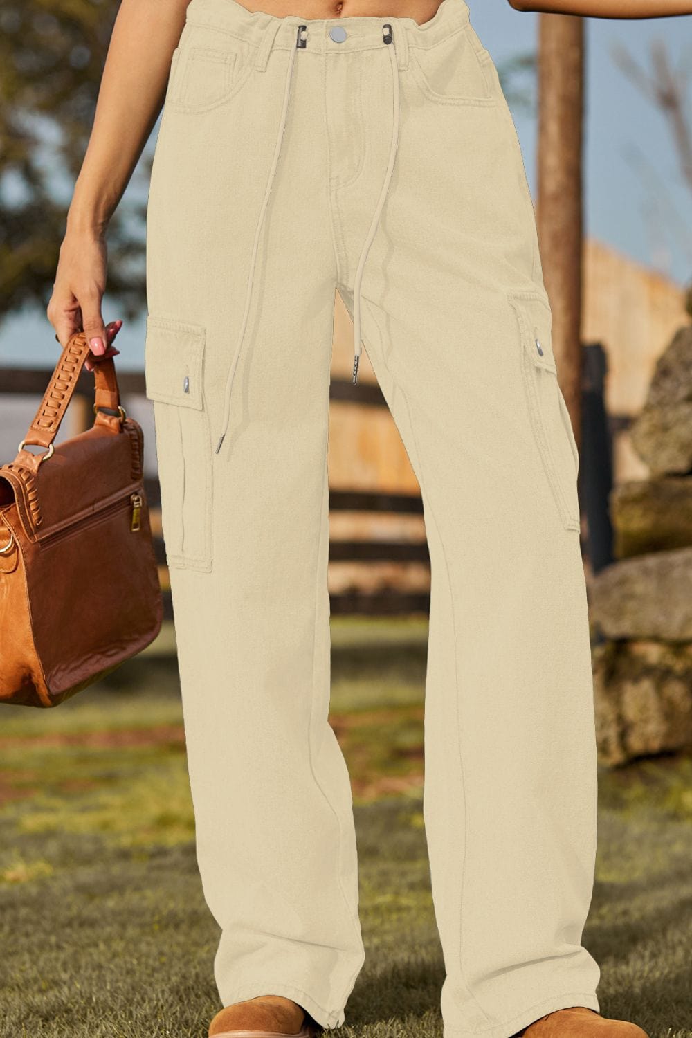 Tan Loose Fit Drawstring Jeans with Pocket