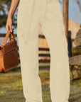 Tan Loose Fit Drawstring Jeans with Pocket