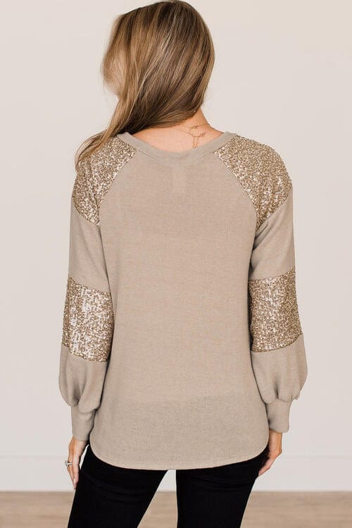 Gray Sequin Round Neck Long Sleeve T-Shirt