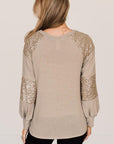 Gray Sequin Round Neck Long Sleeve T-Shirt