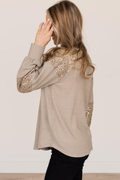 Gray Sequin Round Neck Long Sleeve T-Shirt