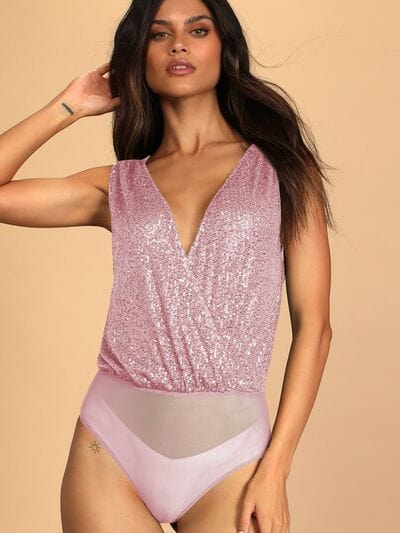 Tan Sequin Surplice Sleeveless Bodysuit