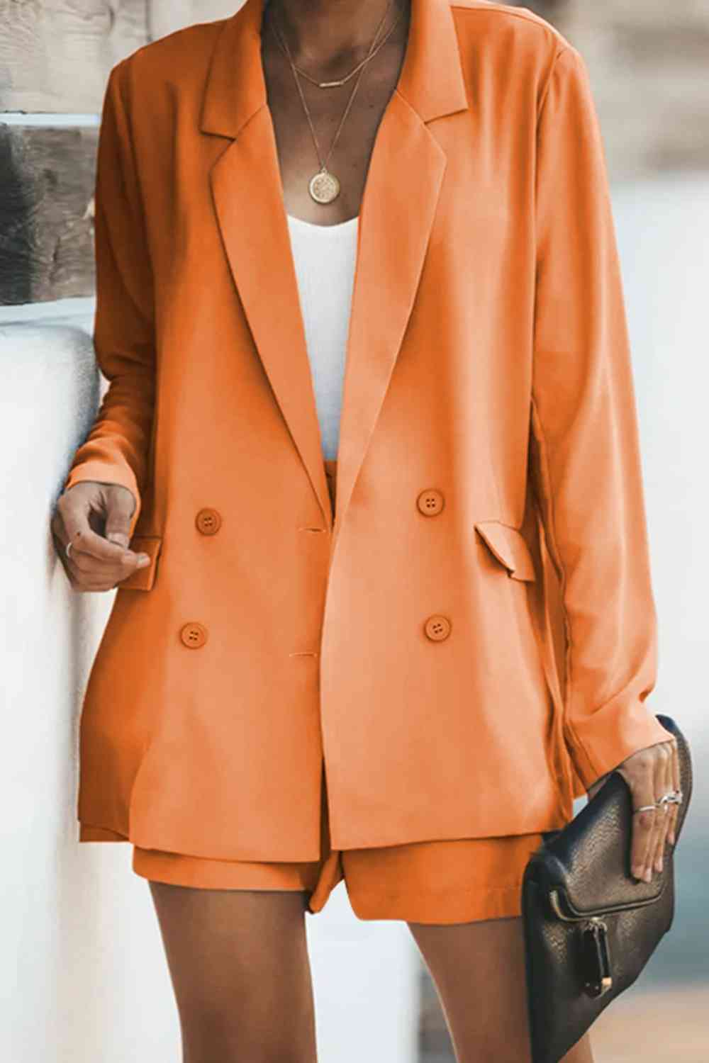 Coral Longline Blazer and Shorts Set with Pockets