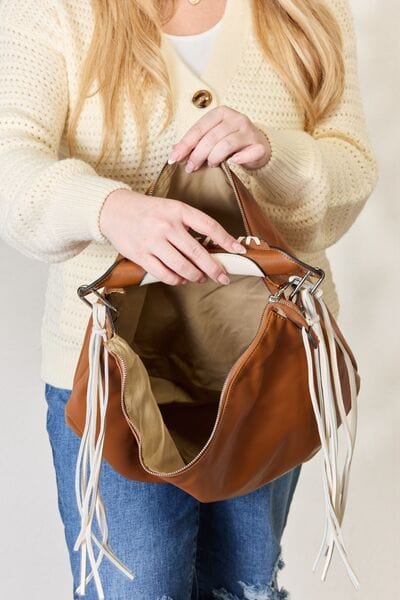 Light Gray SHOMICO Fringe Detail Contrast Handbag