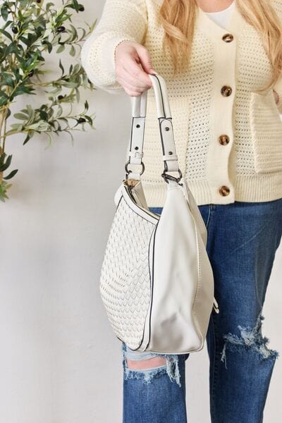 Light Gray SHOMICO Weaved Vegan Leather Handbag