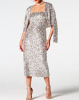 Beige Sequin Cardigan and Straight Dress Set