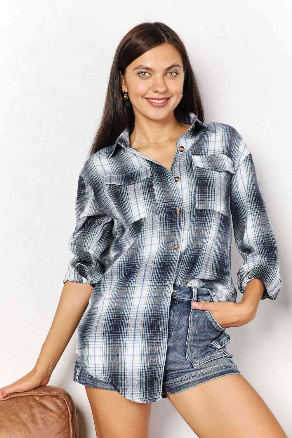 Light Gray Double Take Plaid Dropped Shoulder Shirt