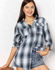 Light Gray Double Take Plaid Dropped Shoulder Shirt