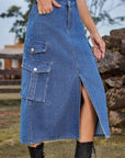 Dim Gray Slit Front Midi Denim Skirt with Pockets