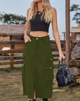 Dark Olive Green Slit Front Midi Denim Skirt with Pockets