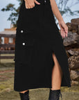 Black Slit Front Midi Denim Skirt with Pockets