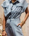 Dark Gray Slit Pocketed Half Button Denim Dress