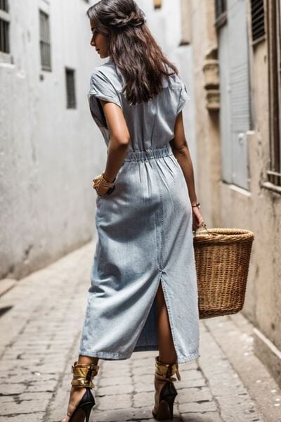 Gray Slit Pocketed Half Button Denim Dress