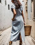 Gray Slit Pocketed Half Button Denim Dress