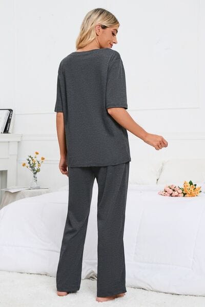 Dark Slate Gray Slit Round Neck Top and Pants Lounge Set